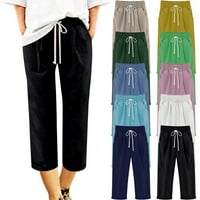 Ženske pamučne posteljine kapri hlače obrezane jogger hlače za struknog salona za struk sa izvlačenjem sa džepovima