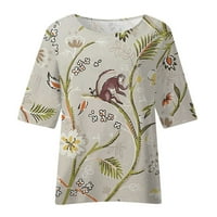 Žene Ljeto pamučne posteljine majice tiskanje labavo fit bluza sedam četvrtina rukava Vintage Crewneck