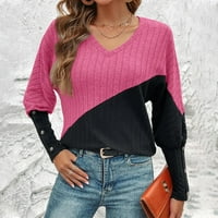 USMIXI FALD moda Ženski džemper pleteni vrhovi za žene Modni gumb rukav tanak lagani džemper Tunic Trendy Boja patchwork zimske dugih rukava na vrhu dugim rukavima