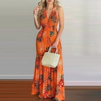 Ženske haljine Maxi modni tropsko bez rukava maxi halter ljetna haljina narančasta L