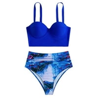 Ženska modna tiskana ljeta Novi visoki struk Seksi Split Bikini dva svjetla kupaćih kostima Plava XL