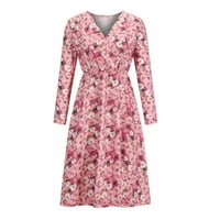 Ženske boemske cvjetne midi haljine liff dugih rukava elastični struk Split Flowy wrap v izrez za odmor, tunika duga haljina ružičasta xl