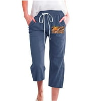 Capri pantalone za žene Pamučne posteljine hlače Halloween tiskane ravne noge navlaka elastične struine,