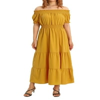 Žene bez ramena vrata na vratu kratki rukav Ruched haljina Ljetna casual duga haljina odmorna haljina