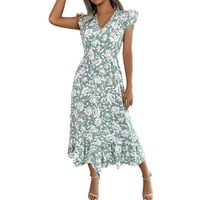 Ženska ležerna drvena ušne ivice cvjetnih struka Duga haljina haljina haljina zelena l