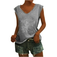 USMIXI Ženske košulje V-izrez kratki rukav mjesec Ispiši ljeto Slatke vrhove Vintage Graphics Loose Comfy Prozračiva tee Bluuses Siva XL odjeća za klijanje