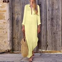 Ženske oblače V-izrez Casual Solid Dužina gležnja A-line ljetne haljine s dugim rukavima Žuta l