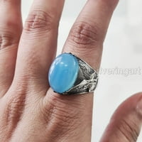 Plavi Chalcedony MANS prsten, prirodni plavi Chalcedony, Eagle, dječački prsten, srebrni nakit, srebrni prsten, poklon, teški muški prsten, arapski dizajn, prsten od osmanskog stila, Ring, Turska MINS Signet Ring