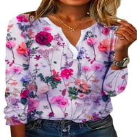 Glonme Women Tops V izrez Košulje Floral Print T Majica Office modna bluza Ležerne prilike pulover s dugim rukavima Purple M