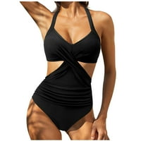 Ženski seksi jednodijelni kupaći kostimi V-izrez kopčaći kostim otisnuta bez košarice bez bake za kupanje BIKINI BLACK M