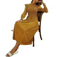 Elegantna ditsy cvjetna postolja ovratnik linijska haljina dugih rukava žute ženske haljine L