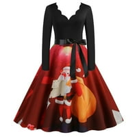 Ženska klasična čajna haljina V-izrez Dugi rukav Santas Claus Slatka rešetka za ispis Božić Vintage