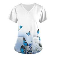 Yubatuo ženske vrhove ženske modne staklene odjeće s kratkim rukavima V-izrez s džepovima tiskanim vrhovima majice za žene
