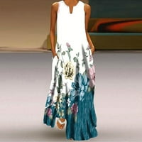 Farstey ljetne haljine za žene cvjetne džepove za tisak Baggy Maxi haljine Split V izrez bez rukava