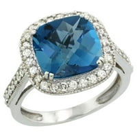 10k bijeli zlatni prirodni London Blue Topaz prsten jastuk-rez 10x dijamantski halo, veličine 8