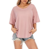 Ljetna bluza Ženska modna čvrsta boja V-izrez kratki rukav labav vrpca Majica TOJNE TOP PINK PINK XL