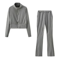 Ženske jeseni modni trenerke Ležerne prilike dugih rukava Potpuna zip jakne hlače Sportski salon set duksevi sivi