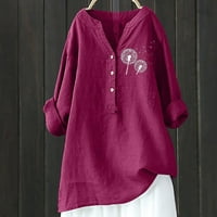 Charella ženska štamparija Ležerna majica Dugme s dugim rukavima V-izrez pamučne posteljine, bluza vino, m