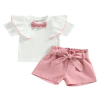 Frobukio Kids Girls Ljetna odjeća odjeća s kratkim rukavima rebraste rukavene majice kratke hlače sa remen bijelim 12 mjeseci
