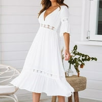 Dxhmoneyh Bijele ljetne haljine za žene V izrez Šifon haljina s kratkim rukavima šuplje od vjenčanog gosta dugih haljina haljina