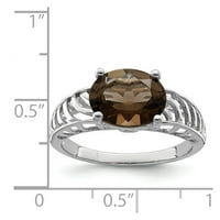 Sterling srebrni rodijum ovalni dimljeni kvarcni prsten - veličina 7