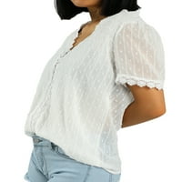 Calsunbaby Ženska labava bluza Jacquard Solid Boja kratki rukav V-izrez čipka majica White S
